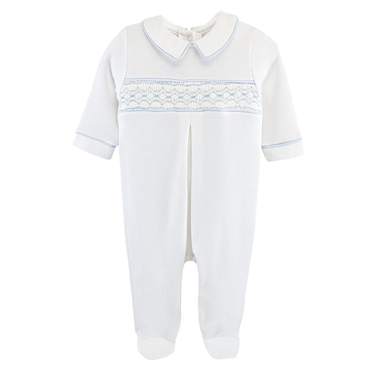 English Knot Smocked Collared Footie | White/Blue