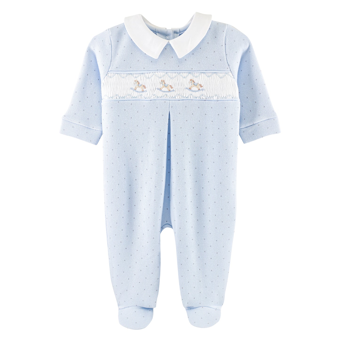 English Knot Printed Smocked Collared Footie | Blue Rocking Horse