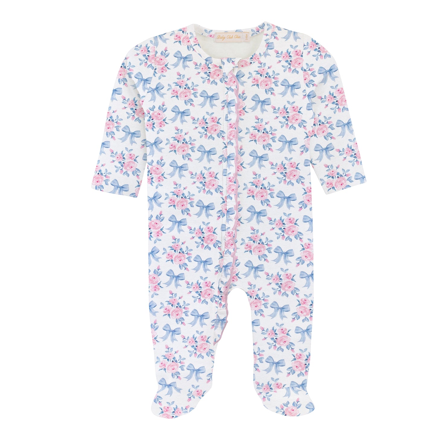 Printed Ruffle Zipper Footie | Blue Floral Bows