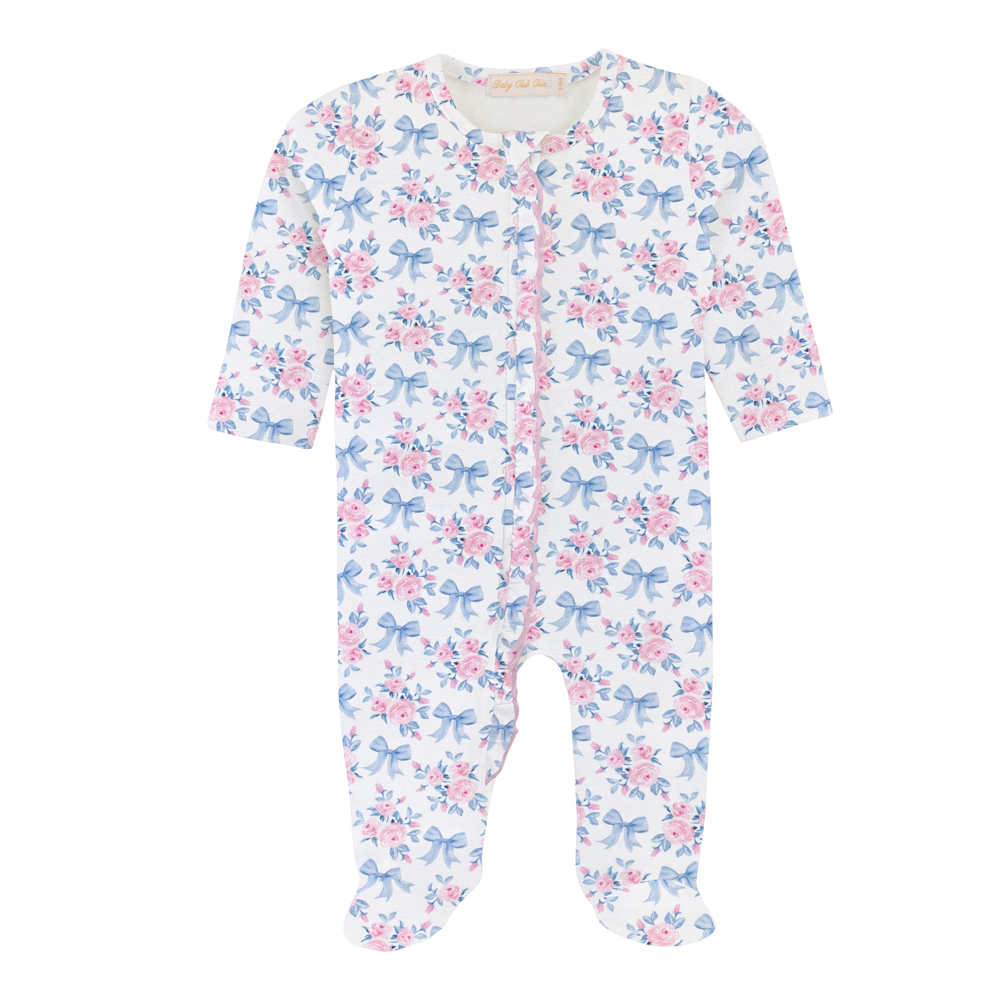 Printed Ruffle Zipper Footie | Blue Floral Bows
