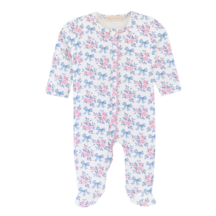 Printed Ruffle Zipper Footie | Blue Floral Bows