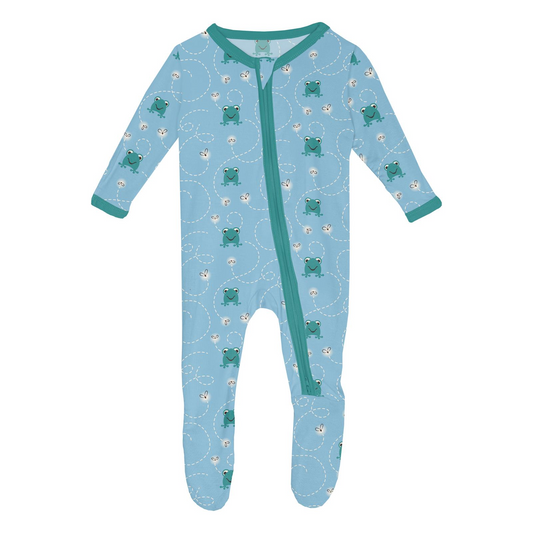 Print 2 Way Zipper Footie | Seaside Blue Frogs & Flies