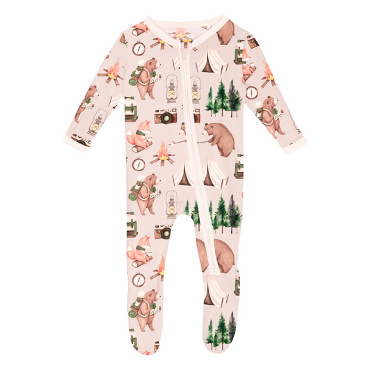 Print 2 Way Zipper Footie | Latte Camping Animals