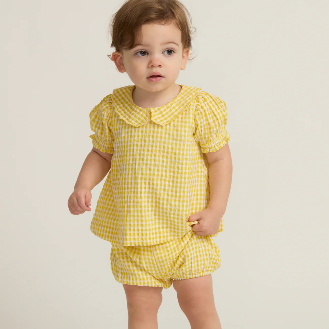 baby girls soleil gingham ruffle sleeve top and bloomer set