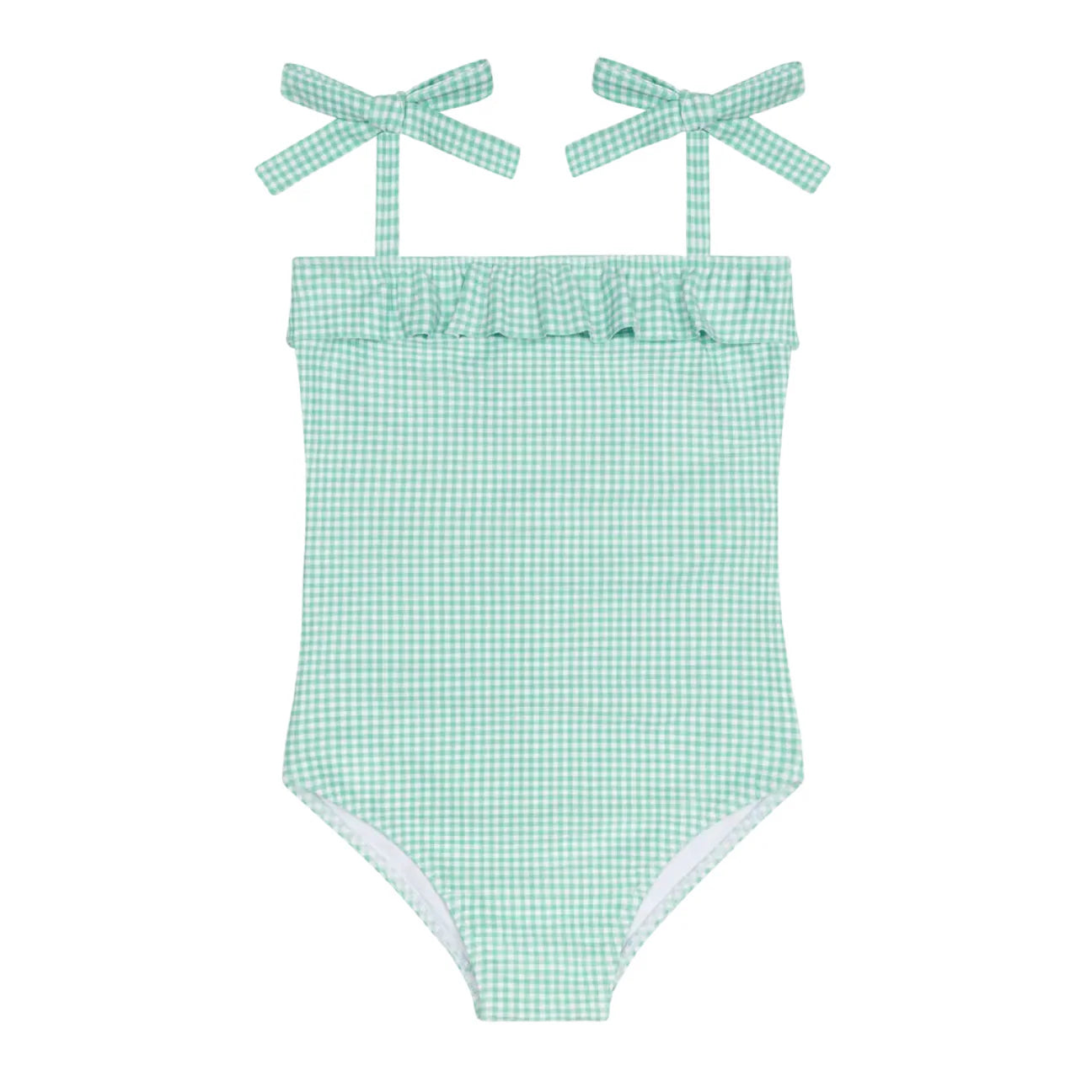 girls gustavia gingham ruffle front tie strap one piece