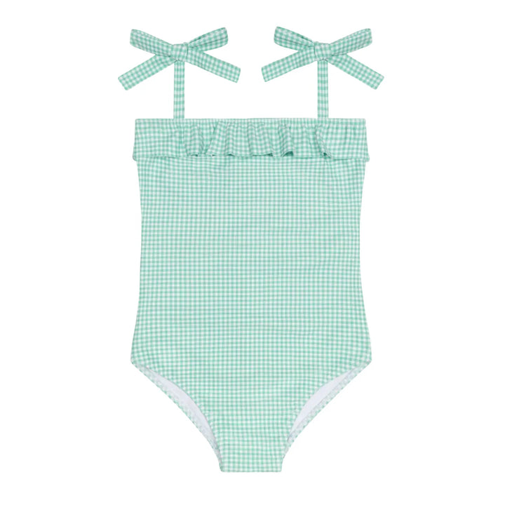 girls gustavia gingham ruffle front tie strap one piece
