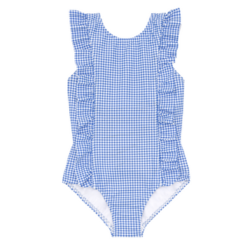 sky blue gingham ruffle one piece