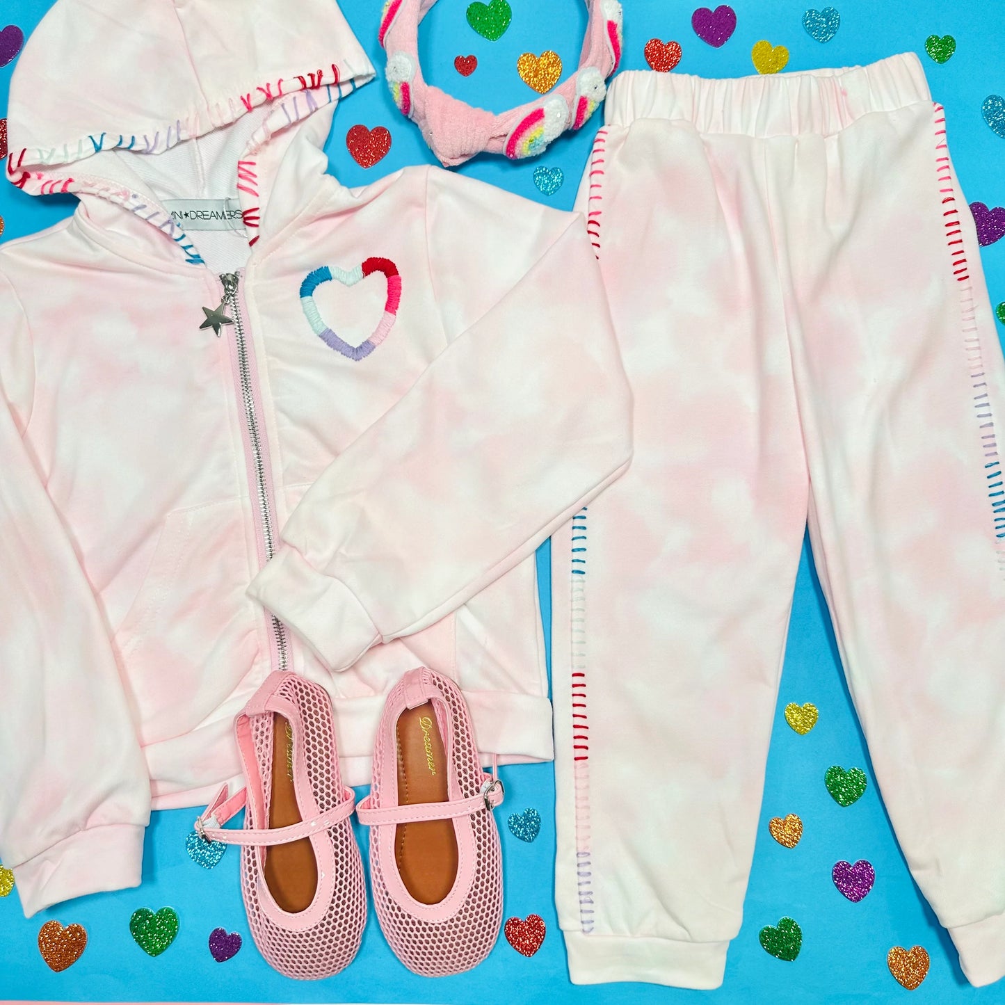 Ava Heart Stitched Tie Dye Sweatpants + Hoodie Set