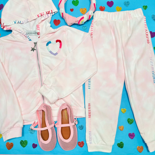 Ava Heart Stitched Tie Dye Sweatpants + Hoodie Set