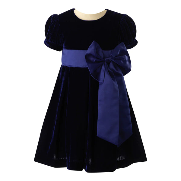 Crushed Velvet Bow Dress | Navy