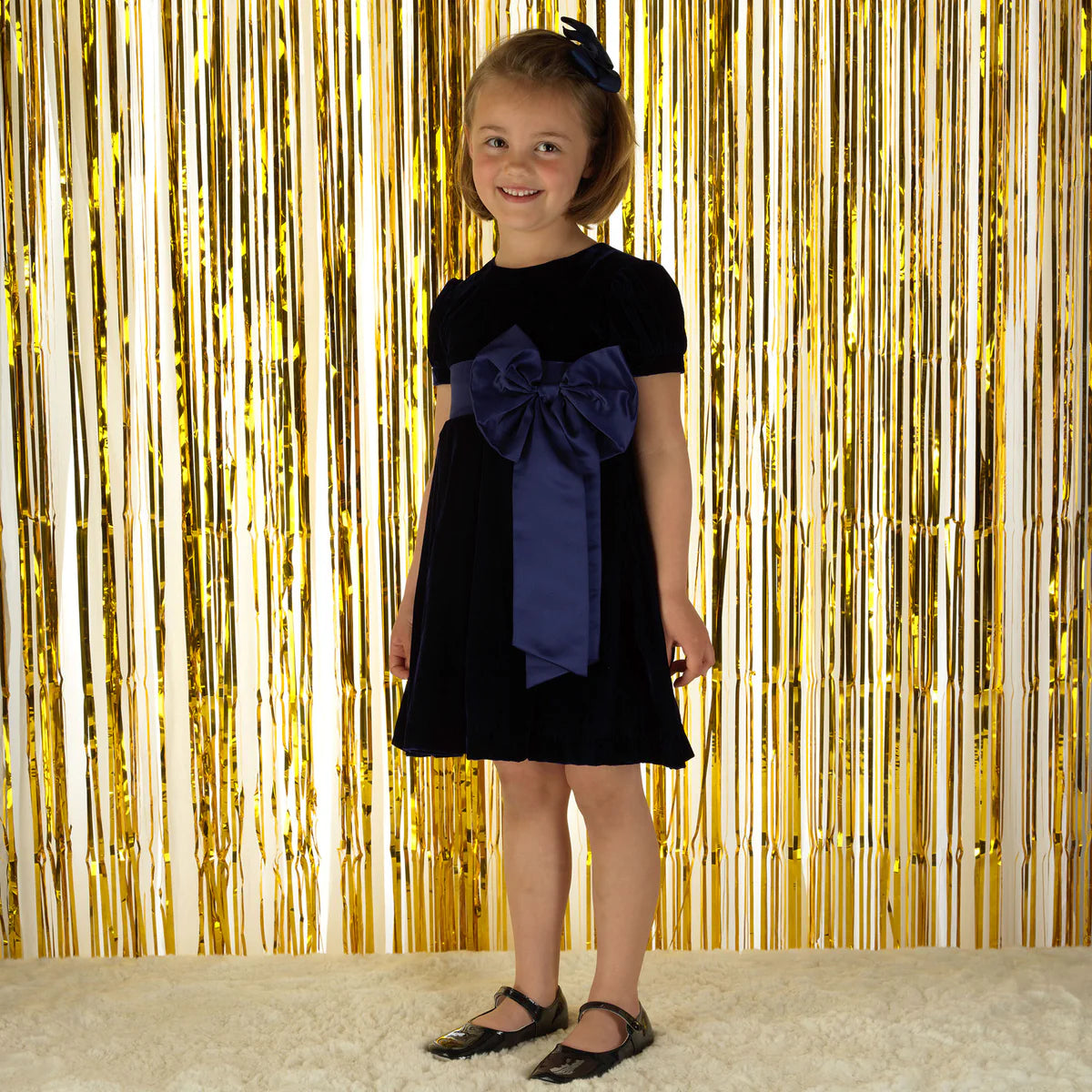 Crushed Velvet Bow Dress | Navy