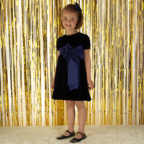 Crushed Velvet Bow Dress | Navy