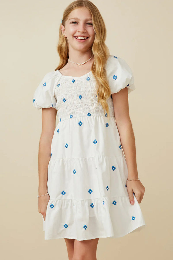 White Dress with Blue Embroidered Flowers