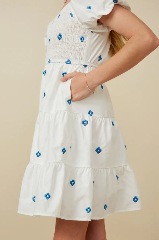 White Dress with Blue Embroidered Flowers