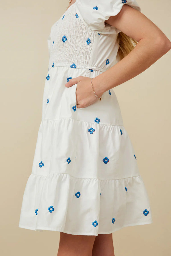 White Dress with Blue Embroidered Flowers