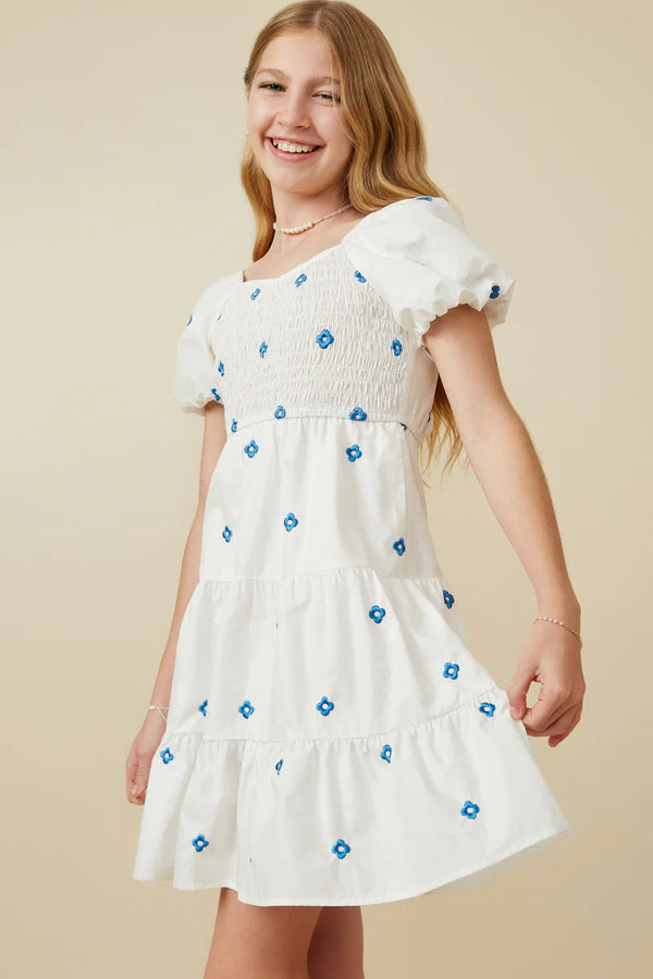 White Dress with Blue Embroidered Flowers