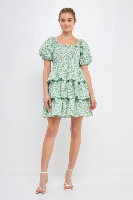Crinkled Floral Linen Smocked Tiered Mini Dress | Green