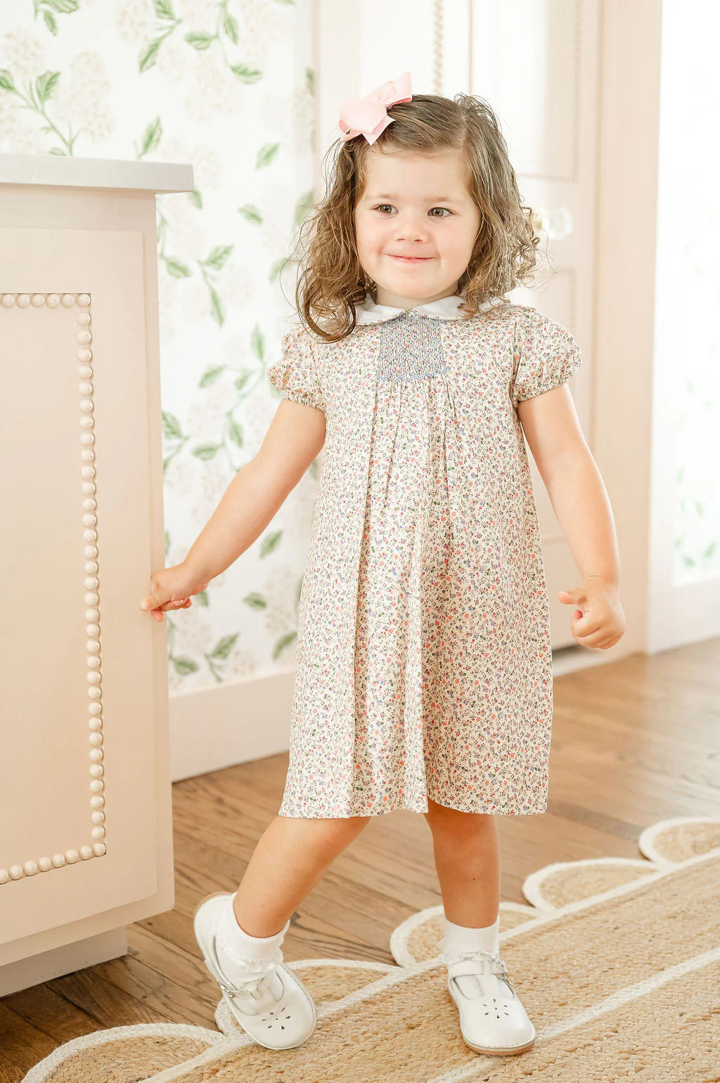 Mini Tan Floral Smocked Dress