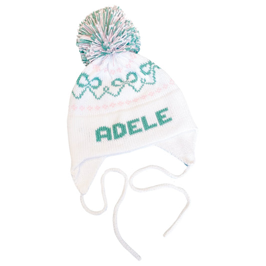 Bows Earflap Hat | White with Light Green & Light Pink