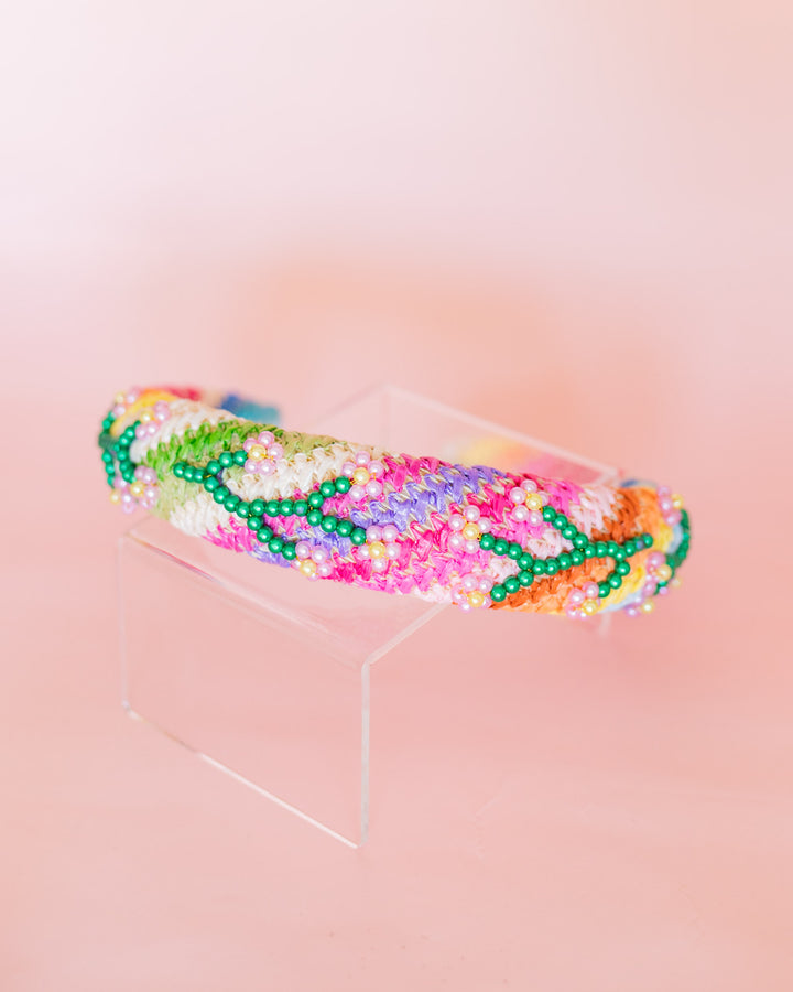 Flower Beaded Raffia Headband | Rainbow