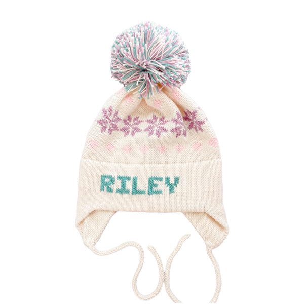 Nordic Earflap Hat | Natural With Light Green, Lavender & Light Pink