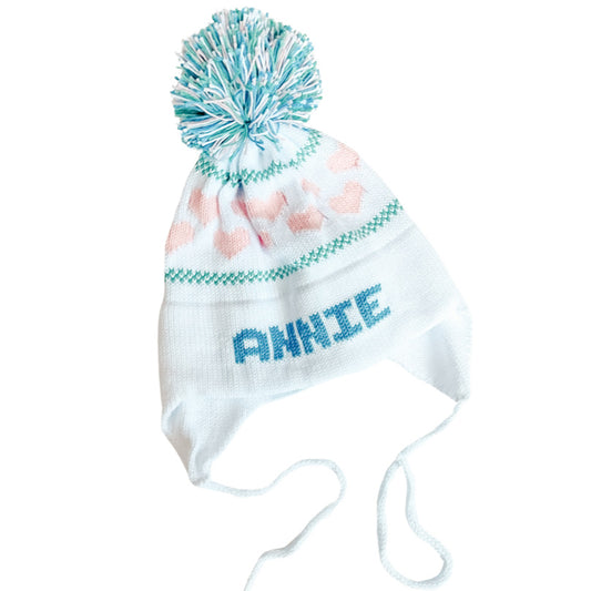 Hearts Earflap Hat | White with Denim, Light Green, & Light Pink