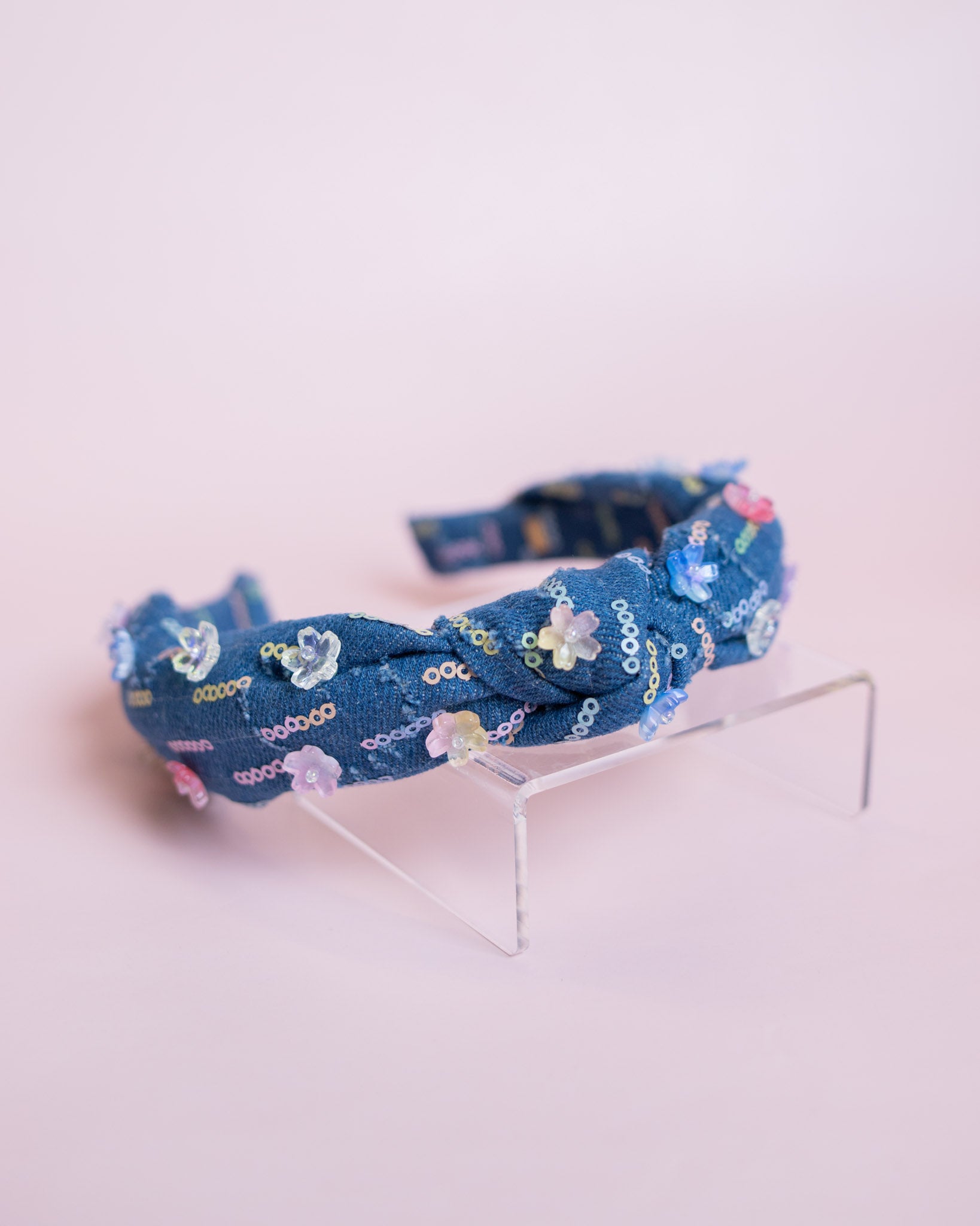 Thin Denim Knot Headband with Flower Charms