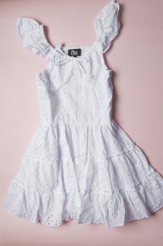 Eyelet Flutter Sleeve Tassel Dress | White