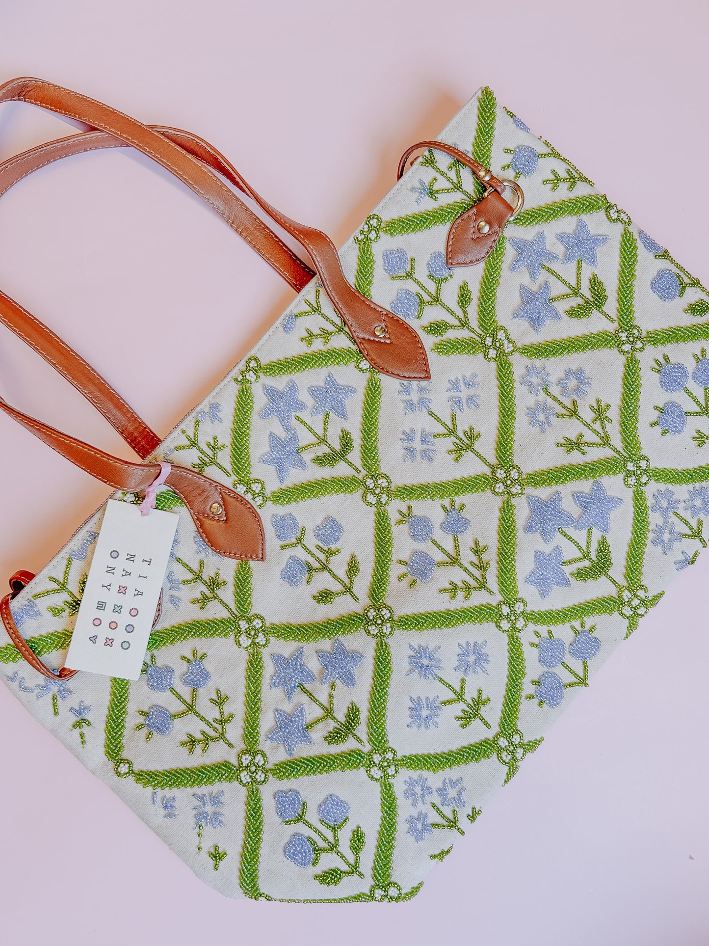 Blue Trellis Beaded Tote
