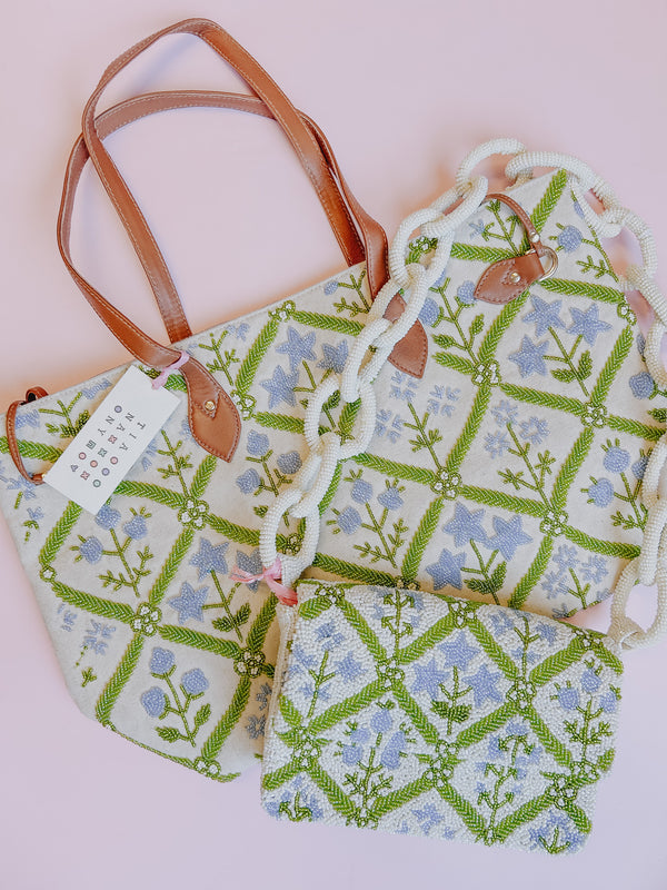 Blue Trellis Beaded Tote