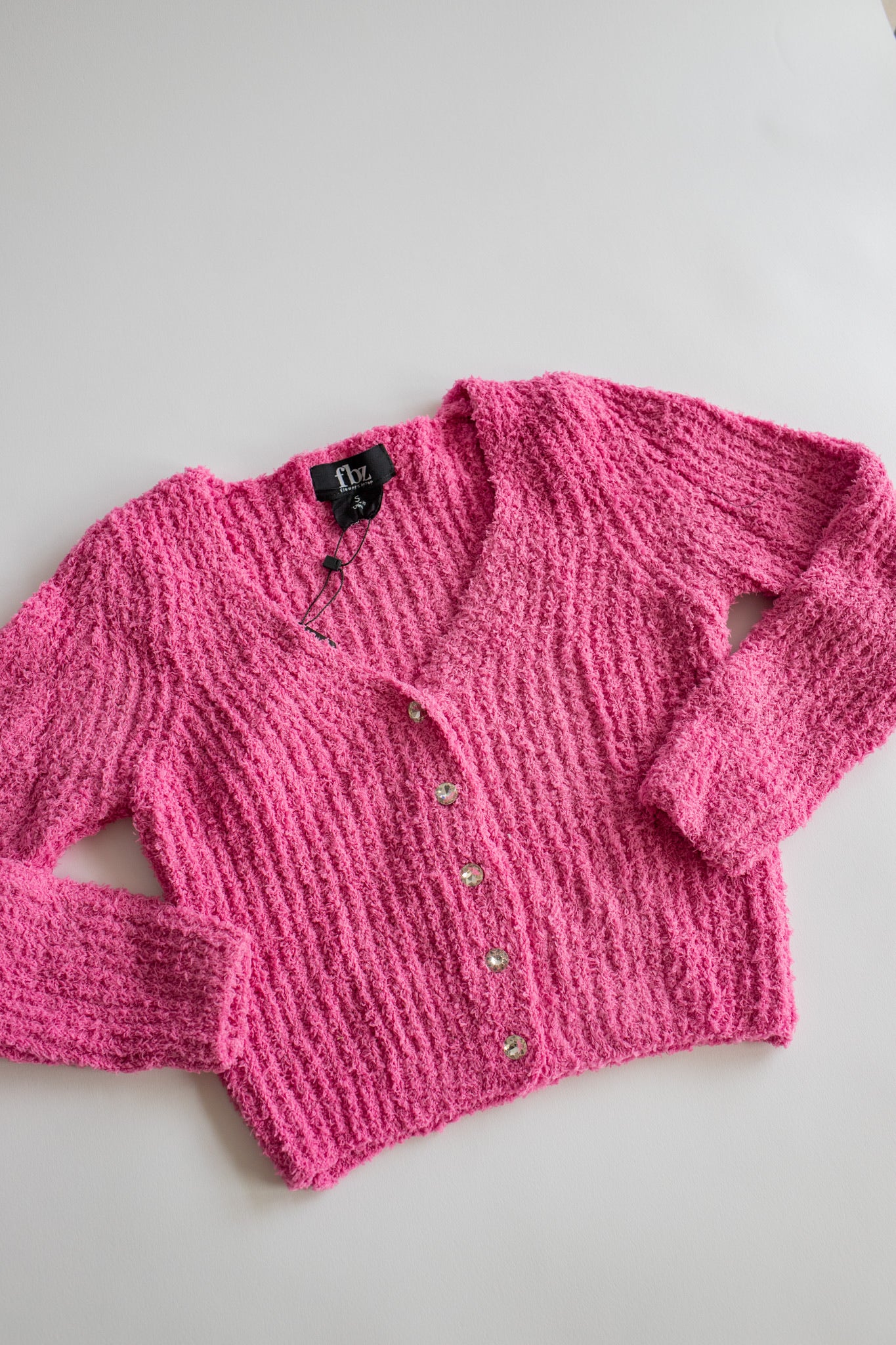 Jewel Button Plush Cardigan | Dark Pink