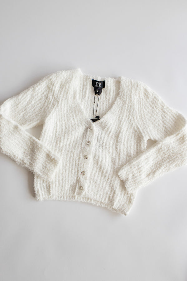 Jewel Button Plush Cardigan | Off White