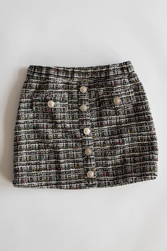 Silver Button Tweed Skirt | Black