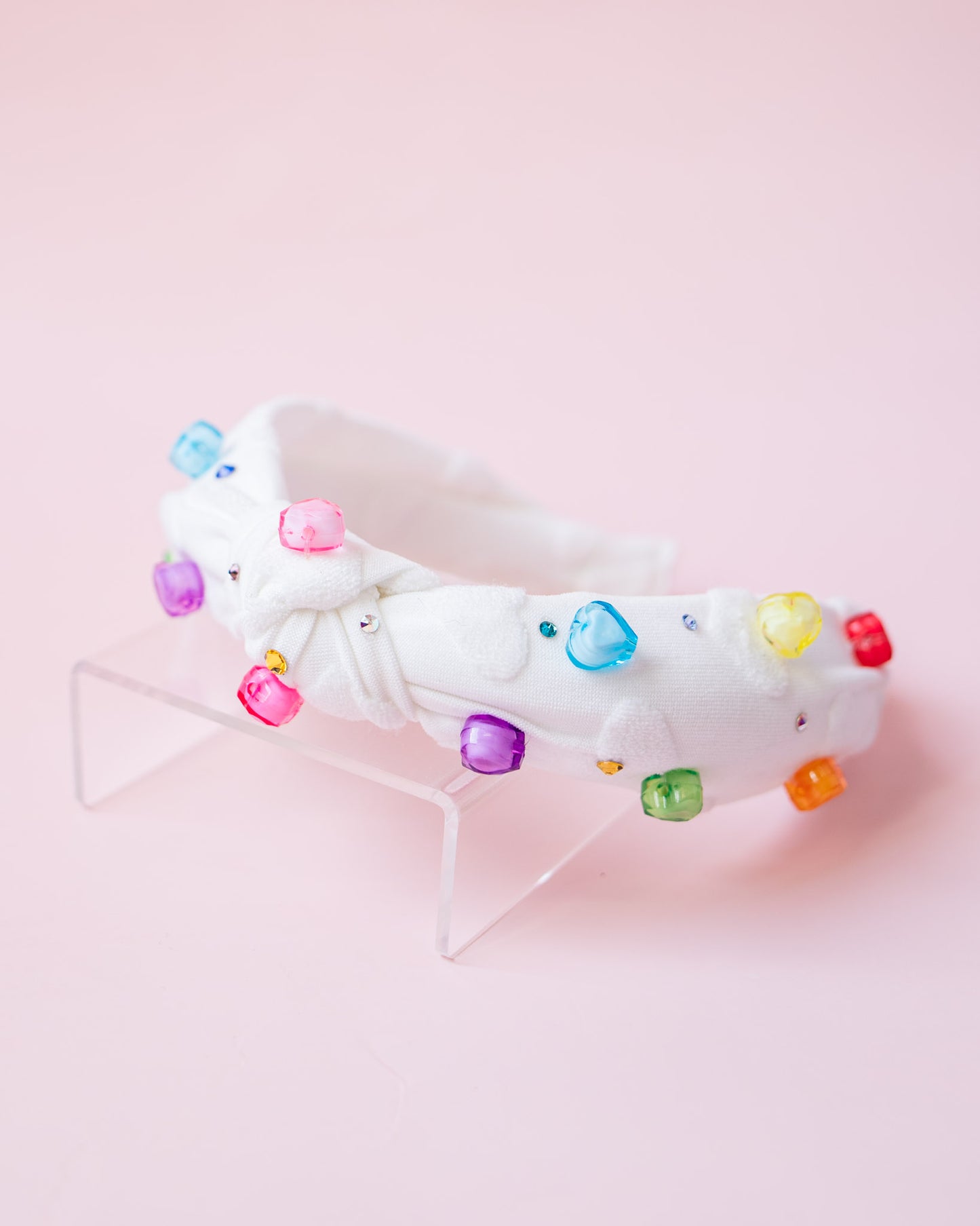 Heart Terry Knot Headband with Multi Hearts | White