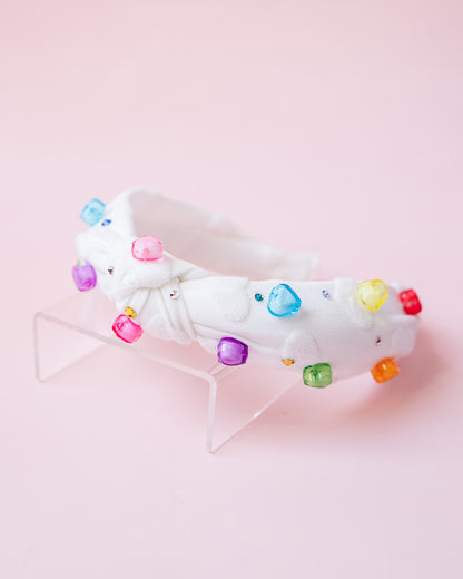 Heart Terry Knot Headband with Multi Hearts | White