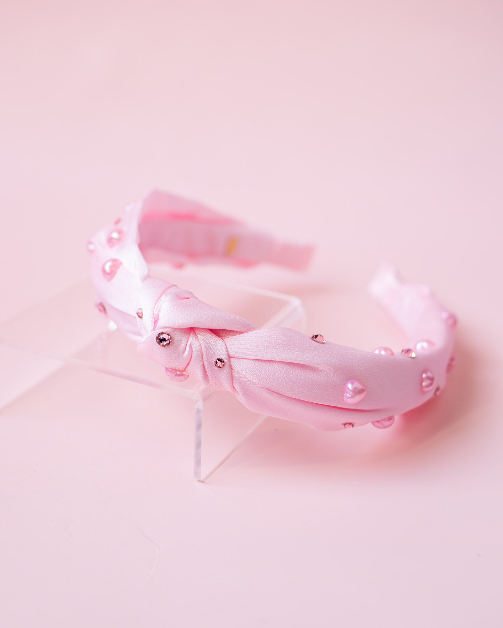 Heart Pearl Satin Knot Headband | Pink