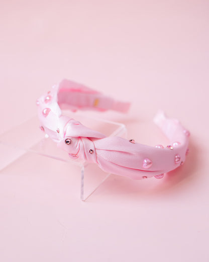 Heart Pearl Satin Knot Headband | Pink