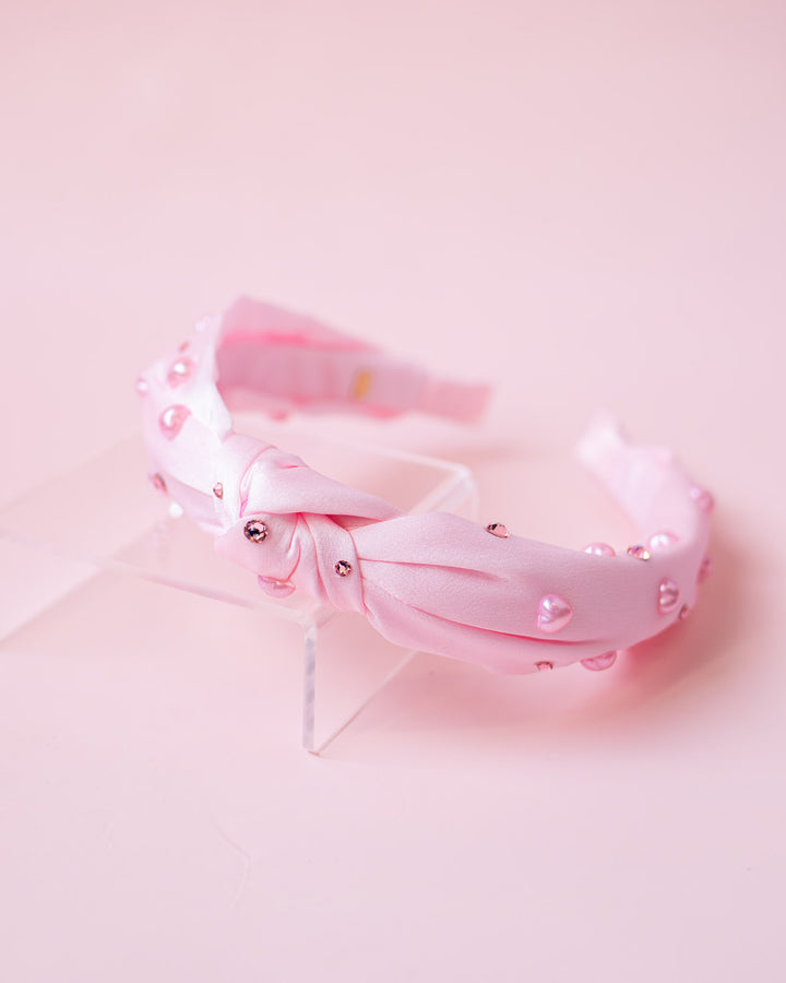 Heart Pearl Satin Knot Headband | Pink