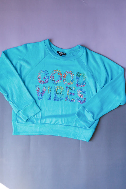 Rhinestone Good Vibes Pullover | Turquoise