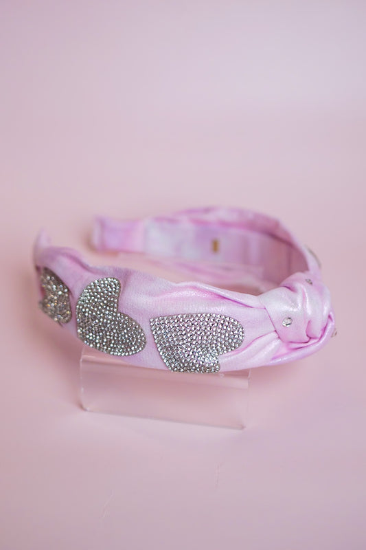 Crystal Heart Tie Dye Knot Headband | Pink & White