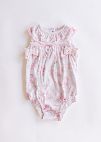 pink toile bunnies bubble, collar and bows