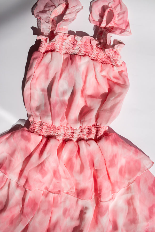 Smocked Waist Chiffon Dress with Ruffle Straps | Pink Tie Dye