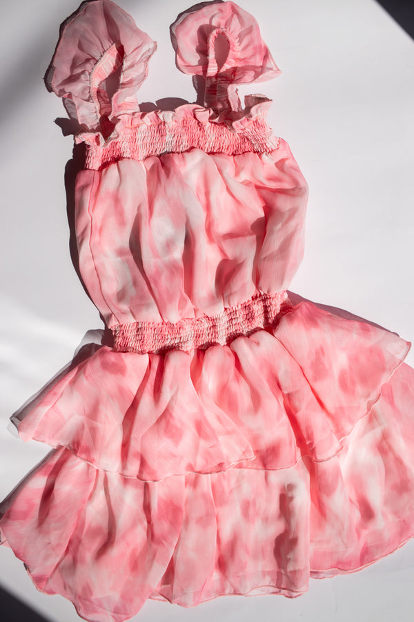 Smocked Waist Chiffon Dress with Ruffle Straps | Pink Tie Dye