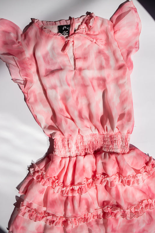 Smocked Waist Chiffon Dress| Pink Tie Dye