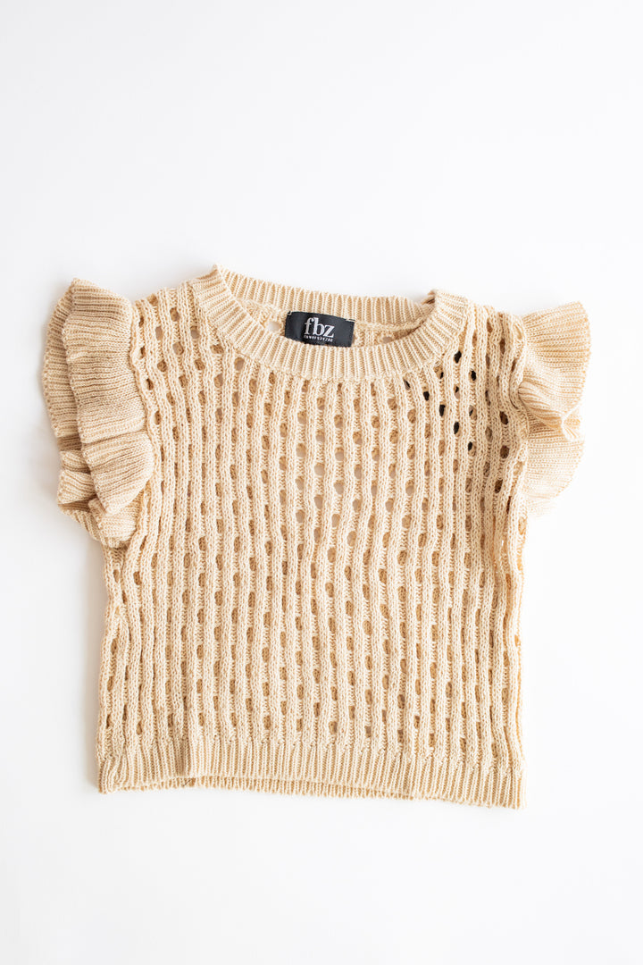 Open Knit Flutter Sleeve Top | Latte