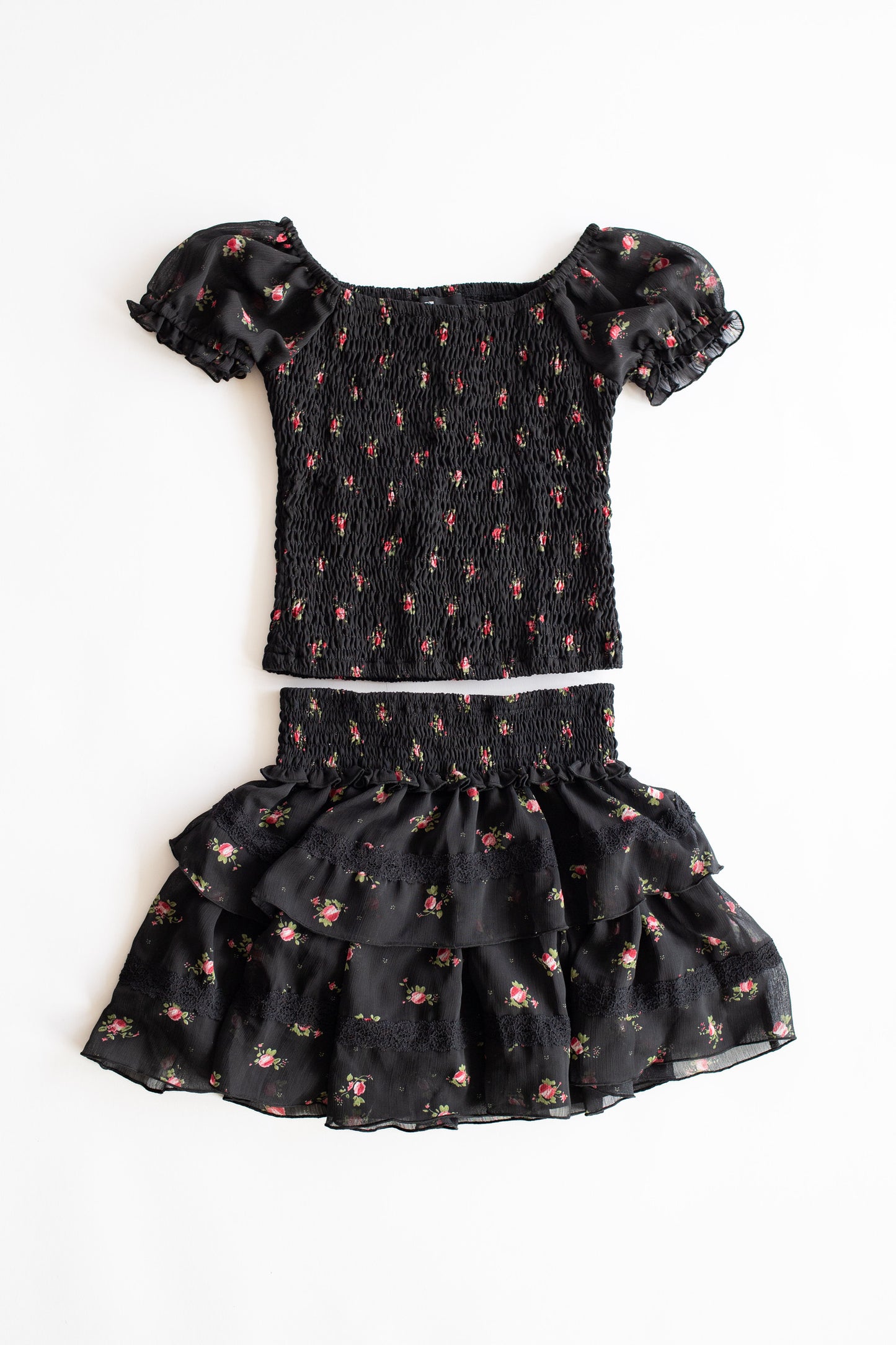 Chiffon + Lace Trim Tiered Skirt | Black Rose