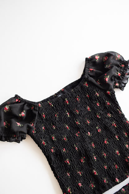 Chiffon Puff Sleeve Smocked Top | Black Rose