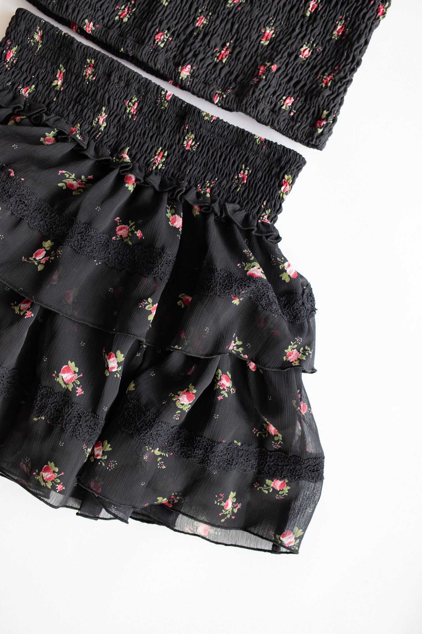 Chiffon + Lace Trim Tiered Skirt | Black Rose