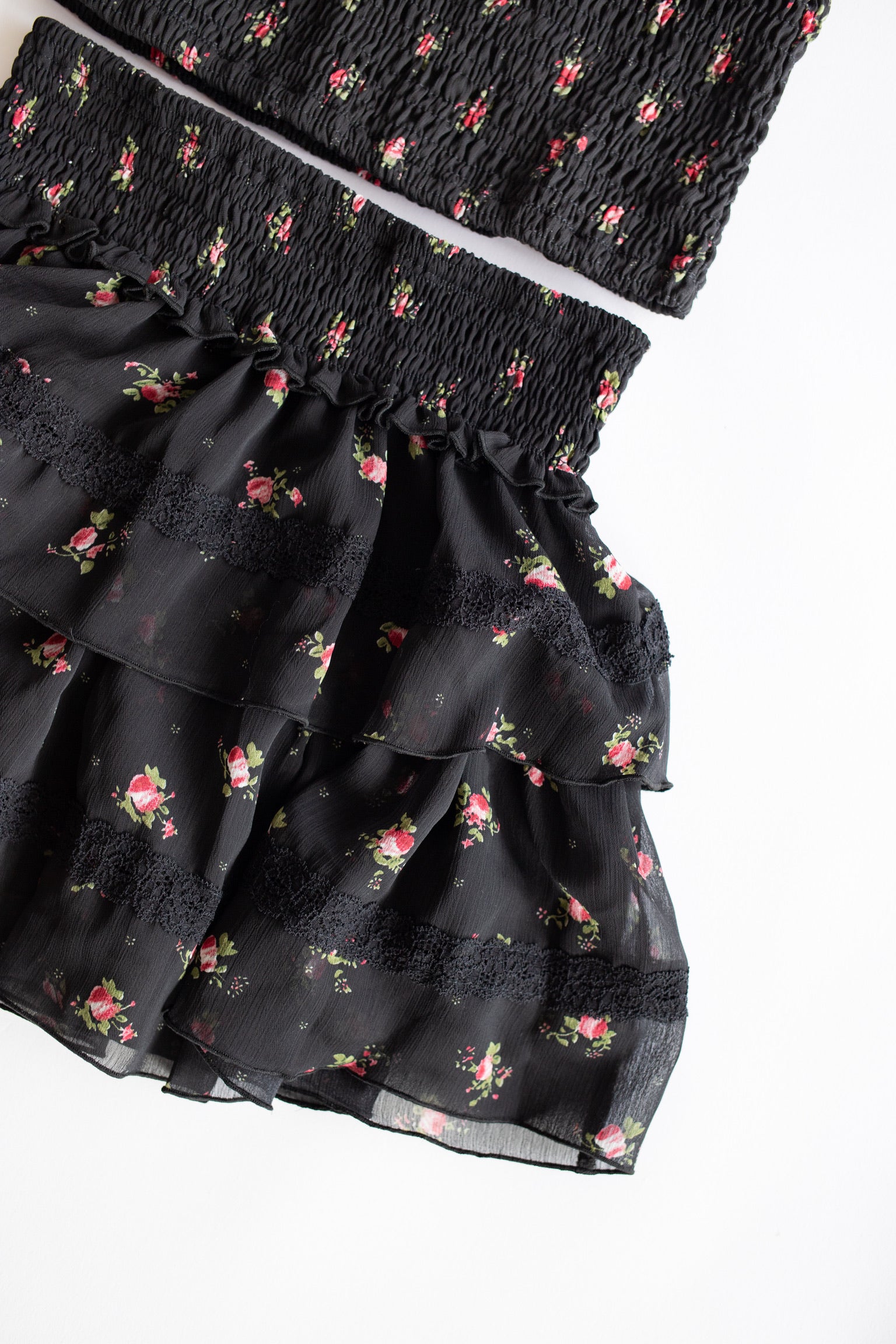 Chiffon + Lace Trim Tiered Skirt | Black Rose