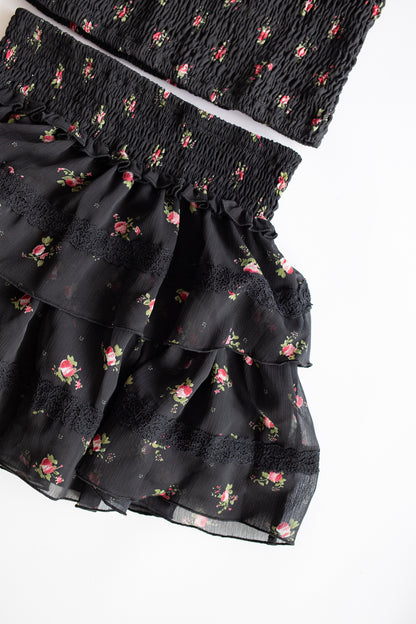 Chiffon + Lace Trim Tiered Skirt | Black Rose